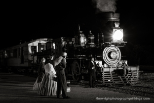 Passengers await to board their train to Baltimore on the Northern Central Railroad at New Freedom, PA but first are detained by a Union soldier while a crew member keeping time looks on. Part of the venture's second annual railfan day was this night charter with lighting provided by Steve Barry.