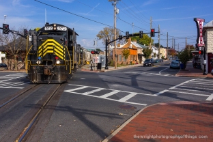 The locomotives have just passed the former B&O Station and WW Headquarters at the corner of Kent and Piccadilly Streets in downtown Winchester on the joint CSX/WW mainline on it's way to taking 28 empties back to Gore.