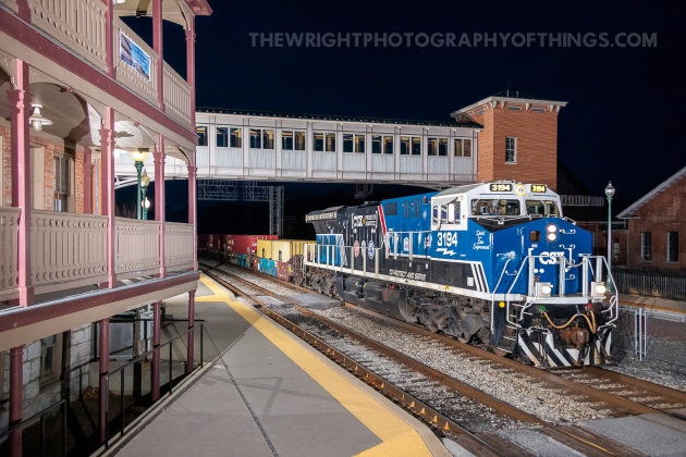 Leading I136 through the Martinsburg Station and historic B&O Roundhouse Complex on February 21, 2022 is CSX ES44AC #3194. The engine, painted as the "Spirit of Law Enforcement" in 2019 is one of 3 units painted by CSX in their "Pride in Service" program (1776 for US Military, 911 for First Responders).